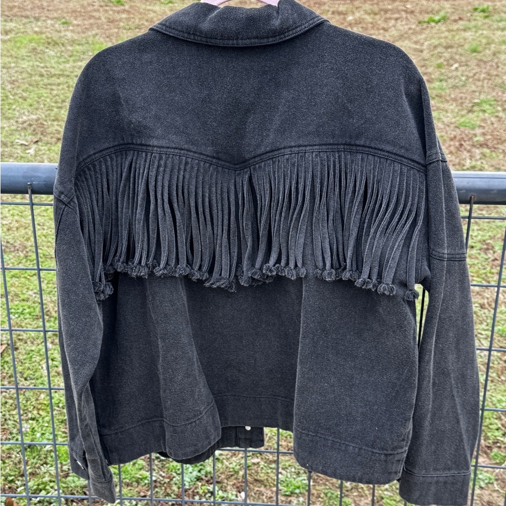 Mittoshop Fringe Denim Jacket – Charcoal / Western Style Rayon Medium - Picture 2 of 3